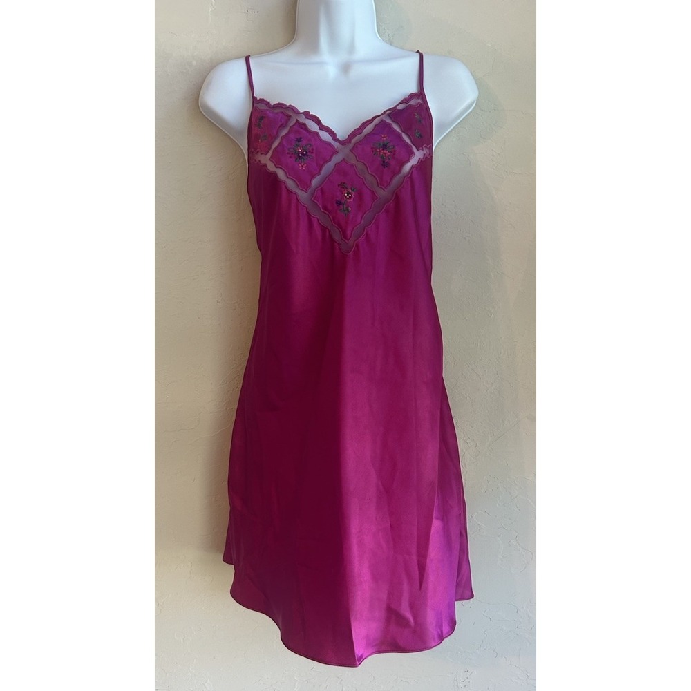 Vintage‎ Val Mode Fuchsia Pink Satin Slip Dress L Beaded Floral Fairy Coquette
